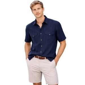 Tasso Elba Men’s Navy Short Sleeve Linen Blend Button-Up Shirt Size S